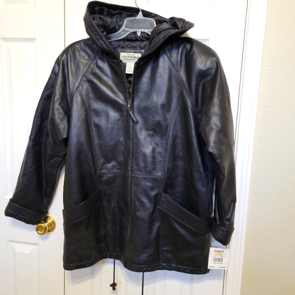 New Black Leather Jacket with hood - Ladies's Size Medium mid-length Vintage Y2K